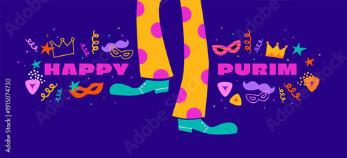 Happy Purim banner, poster with clown legs and splashes, oznei haman, masks and confetti. Modern vector design