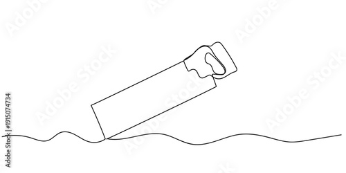 Single continuous line art style hand-held saw, woodworking tool. Line art Illustration Editable stroke.