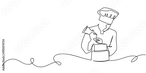 Single continuous line art style - Chef making a cake. Line art Illustration Editable stroke.