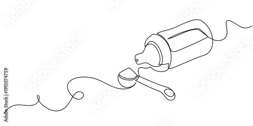 Single continuous line art style baby bottle and measuring spoon for preparing formula. Line art Illustration Editable stroke.