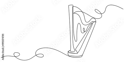 Single continuous line art style. Harp (Western musical instrument). Line art Illustration Editable stroke.