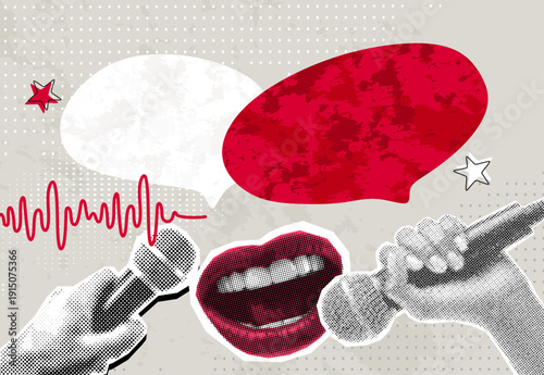 Trendy Halftone Collage Journalist's mouth screams into microphone. Social media interview. Daily news. Reporter with audio equipment. Press conference. Contemporary vector illustration art	