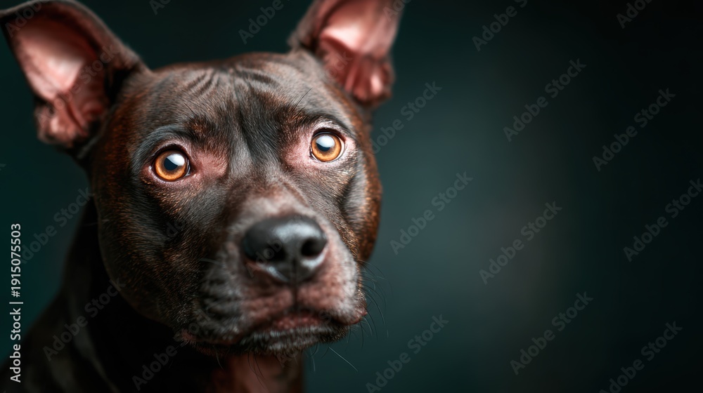 Fototapeta premium A close-up shot of a Pitbull with soulful eyes captures an emotional moment, expressing deep feelings of loyalty and companionship, inviting connection and empathy from viewers.