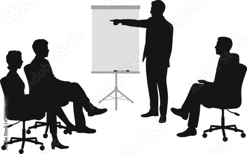 Corporate business meeting presentation silhouette, manager pointing at flip chart isolated on white background office training illustration