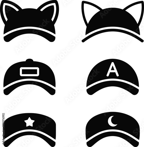 Black baseball cap icons with cat ears, star, moon and letter A designs, minimalist flat vector headwear collection isolated on light background