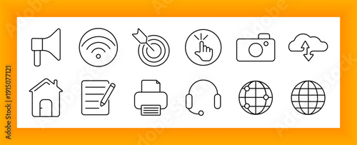 Multimedia set icon. Speaker, signal, target, camera, upload, print, house, headset, document, globe, internet, click, press, communication, content, global