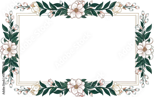 Vintage floral border frame with white flowers and green leaves