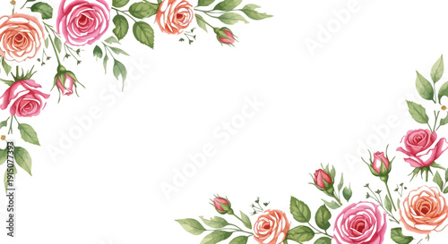 Watercolor floral border with roses and leaves