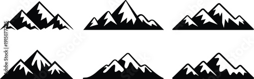 Black mountain silhouette icon set, minimalist snowcapped alpine peaks vector collection isolated on light background for outdoor adventure branding and landscape design