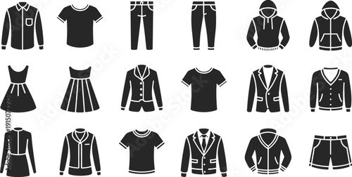 Clothing and fashion apparel icon set in black silhouette style featuring shirts, jackets, dresses, pants and hoodies isolated on light background
