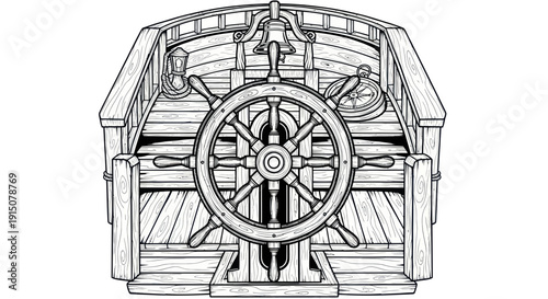 Vintage Ship Steering Wheel and Compass on Wooden Deck, Nautical Navigation