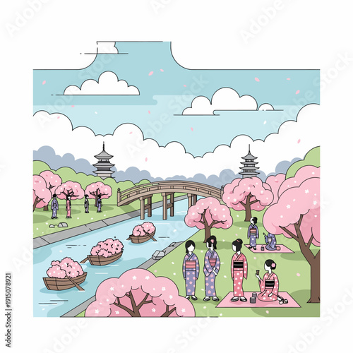 A charming illustration of a Japanese spring landscape with people in kimonos enjoying cherry blossom viewing by a river, featuring traditional pagodas and a wooden bridge.