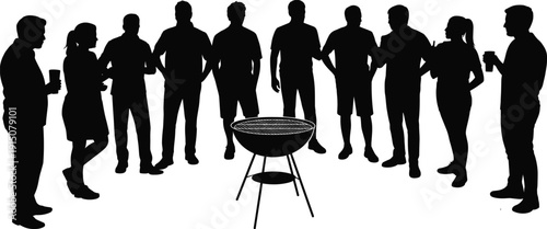 Group of friends having barbecue party, people silhouettes around grill isolated on white background social gathering illustration
