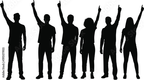 Group of people raising hands up, protest or unity gesture silhouettes isolated on white background social concept illustration