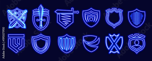 Neon cyber security shield icons glowing blue, protecting data, network, privacy. Futuristic cyber security shields set for web, app, antivirus, fintech, technology branding. Vector illustration