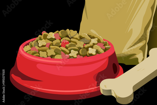 Dog food in bowl with paper bag beside it pet food concept dry kibble and treats clean studio setting domestic animal nutrition theme