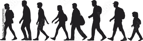 Group of walking students silhouettes with backpacks, school and university youth isolated on white background illustration