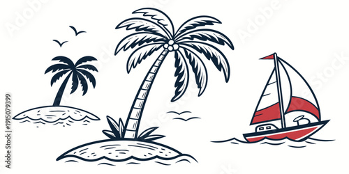 A serene tropical scene with a sailboat and palm trees on a small island