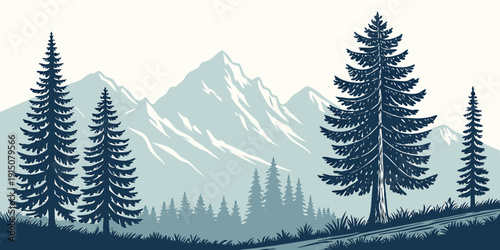 Majestic mountains and towering trees create a serene and tranquil forest landscape.