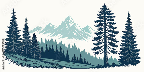 Majestic mountains tower over a serene forest of evergreen trees