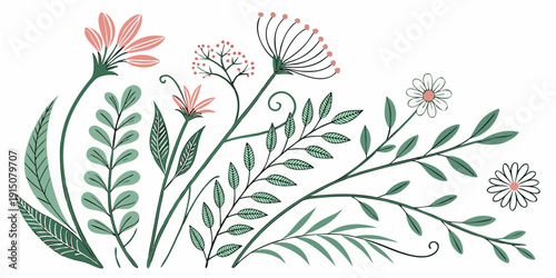 A beautifully detailed illustration of various green plants and flowers