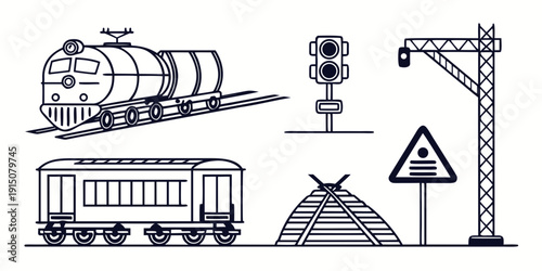 A detailed illustration of various railway signs and symbols.