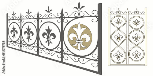 A decorative fence featuring intricate designs and floral patterns in black and white.
