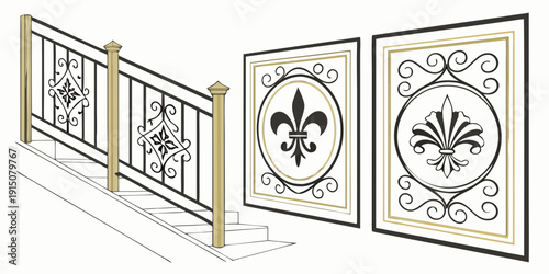 Artist painting intricate designs on three large white canvases with gold frames.