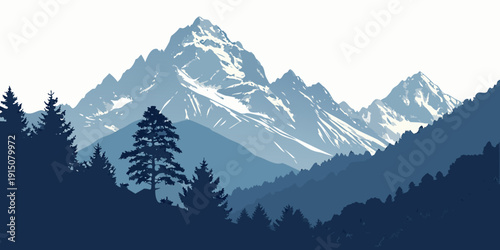 Majestic mountains towering above a serene forest landscape at dusk