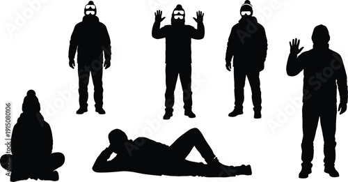 Winter silhouette character set, casual and relaxed poses, black vector art, seasonal clothing design, lifestyle posture illustration silhouette character set, casual and relaxed poses, black vector 