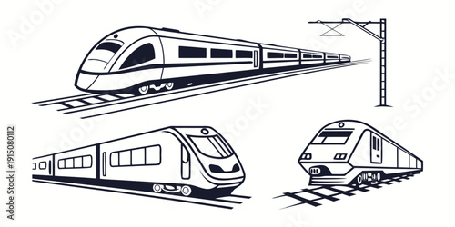 Three different types of trains are depicted in a black and white illustration.