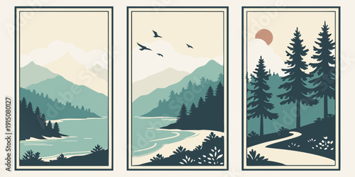 A serene landscape with mountains, trees, and a lake under a changing sky