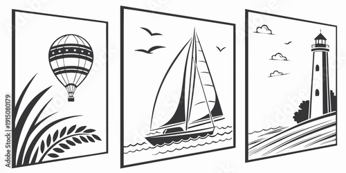A serene collection of adventurous scenes featuring a hot air balloon, sailboat, and lighthouse