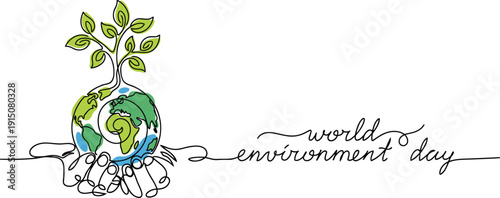 Continuous line art illustrating global hands holding our planet earth with a tree growing on world environment day