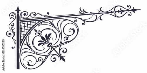 Intricate black and white ironwork design with floral and scroll elements