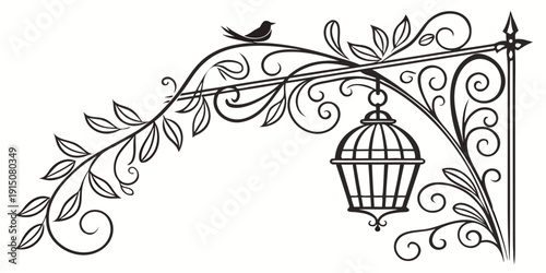 Intricate black and white illustration of a bird perched on a decorative wrought iron arch