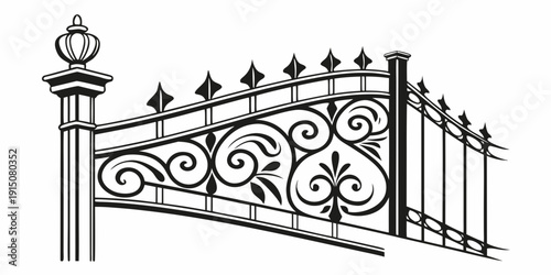 Intricate black wrought iron gate with ornate swirls and pointed finials