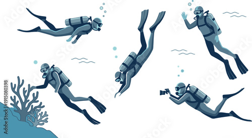 Scuba divers swimming underwater exploring coral reefs and marine life in various poses