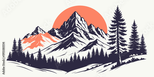 Majestic mountain landscape with trees and a setting sun.