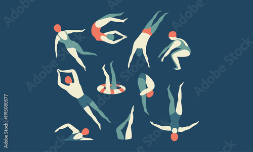 Stylized illustrations of people swimming diving and floating in a minimalist water scene