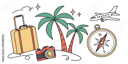 A colorful illustration of travel essentials and a compass on a white background