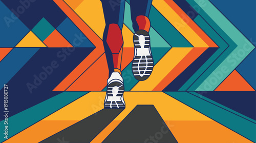 Energetic athlete's legs stride forward over a colorful modern abstract geometric pattern