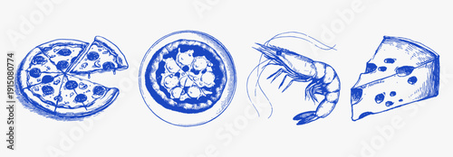 Seafood and pizza hand drawn ink line sketch. Mediterranean dinner set with shrimp and cheese, charcoal and crayon drawing style for coastal menu illustrations.