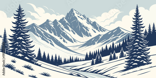 Majestic snow-covered mountains with a serene forest in the valley below