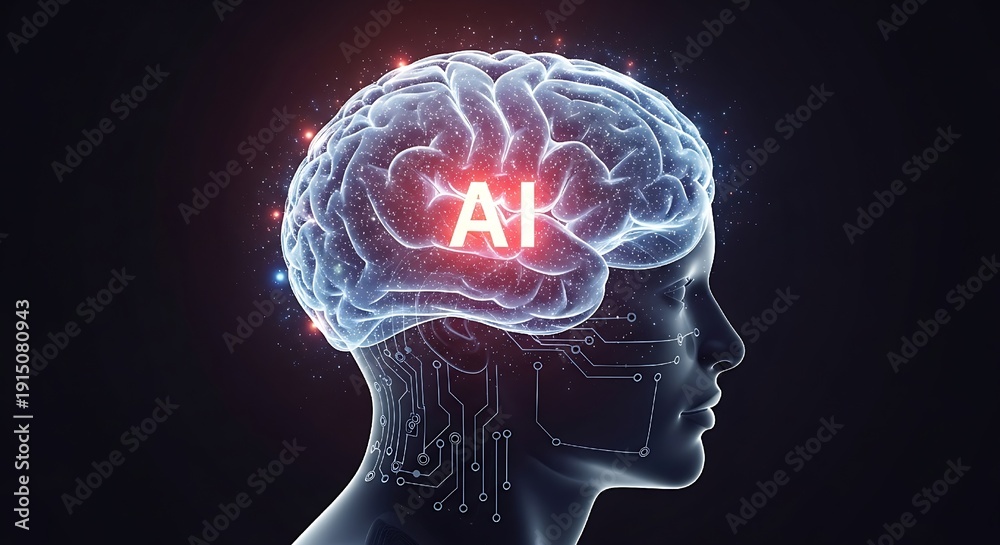 Obraz premium human profile silhouette integrated with digital circuitry, featuring a glowing,