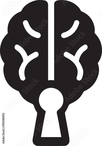Intricate brain illustration with keyhole at the base isolated on white background, illustration
