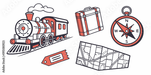 Illustration of a train, compass, map, and other travel-related items
