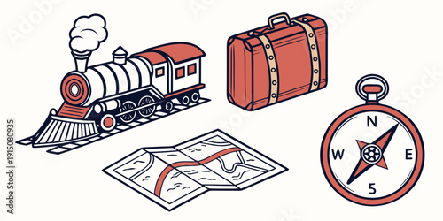 A vintage train with luggage and a compass on a map background.