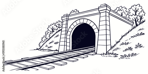 A detailed sketch of a train entering a tunnel through a stone bridge