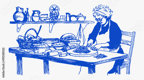 Italian home cooking crayon vintage sketch drawing line. Blue ink illustration of woman slicing pasta on wooden table with bowls and jars. Rustic kitchen food scene for menu or cookbook.
